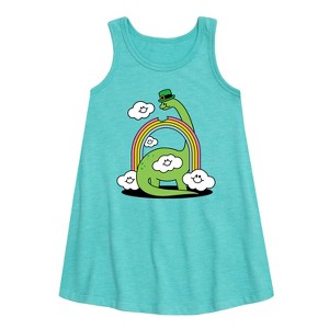 - Instant Message - St. Patrick's Day Dinosaur Eatting Rainbow Graphic Sleeveless Aline Dress - 1 of 3