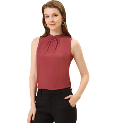 Allegra K Women's Sleeveless Frill Mock Neck Ruffle Chambray Blouse