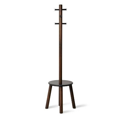 Black and Walnut Multifunctional Coat Rack with Integrated Stool