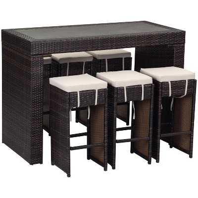 Brown and Sand Six-Seater Outdoor Rattan Bar Set