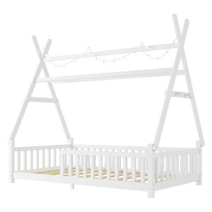 Whisen Twin House Bed with Light, Low Floor House Bed with Fence and Roof, Safety Design - 1 of 4