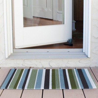 Green and Blue Striped Tufted Outdoor Door Mat 29" x 18"