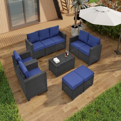 10-Piece PE Rattan Patio Seating Set,Patio Conversation Set With Cushions And Tempered Glass Top Table,Patio Sectional Sofa -Maison Boucle
