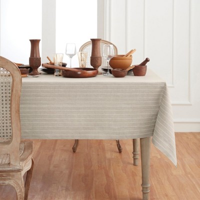Natural and White Pinstripe Linen Rectangular Tablecloth 60 x 90 Inch