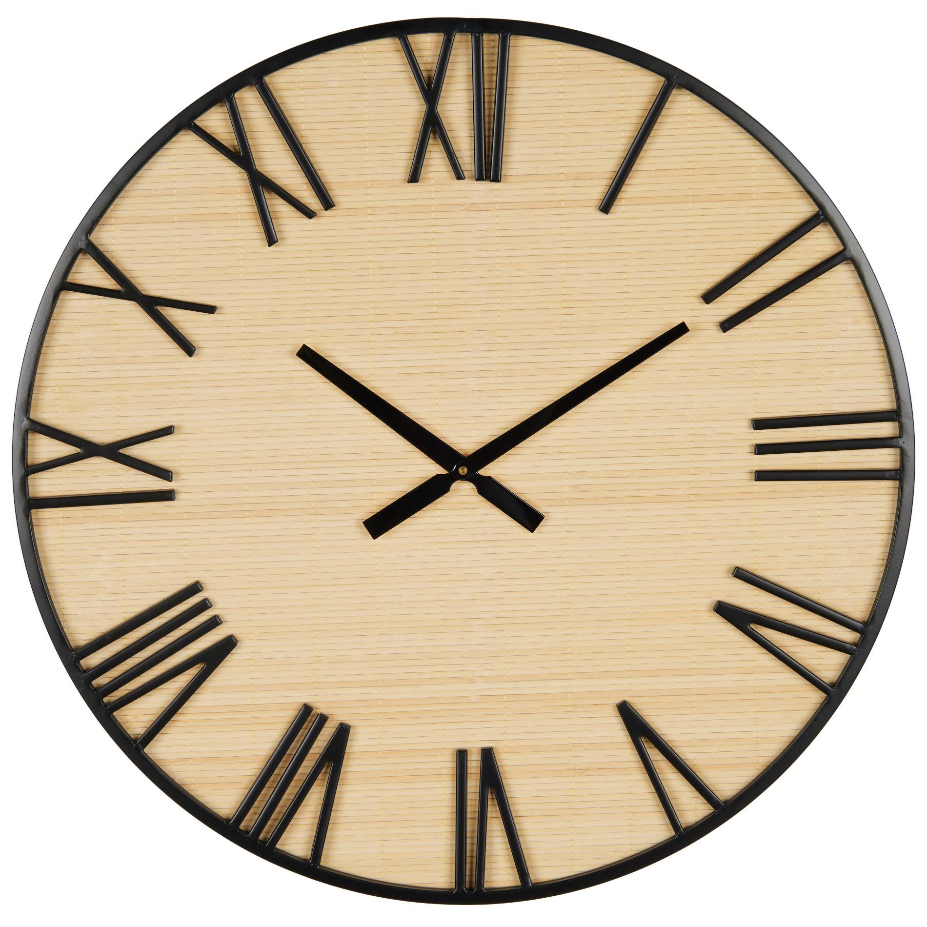 28"x28" Wooden Wall Clock with Black Metal Numbers and Frame Light Brown - Olivia & May: Silent Mechanism, Roman Numerals, Indoor Decor
