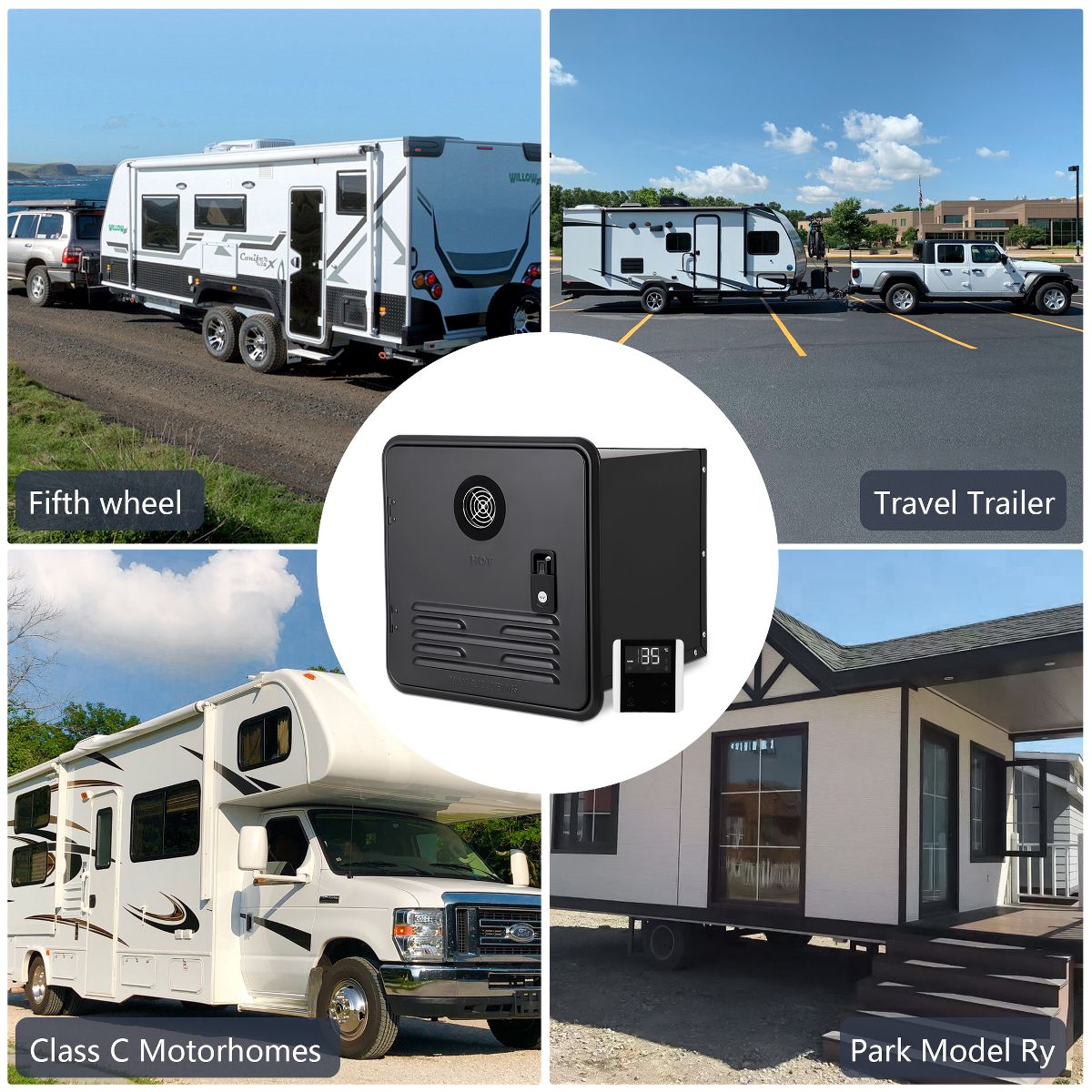 RV Tankless Propane Water Heater, On-Demand Quick Hot Water, 12V DC, Remote Control Digital Panel, 15x15 in Compact Fit, High Altitude Ready - thumbnail 2
