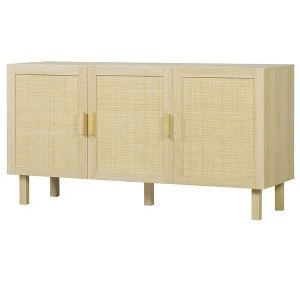 Boho Kitchen Cabinet, Buffet Cabinet with 3 Rattan Doors and Adjustable Shelves for Dining Room - 1 of 4