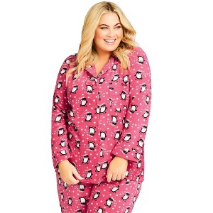 Avenue Women's Plus Size Penguin Button Fleece Sleep Top - 1 of 4