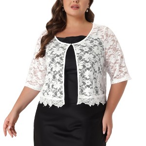 Agnes Orinda Women's Plus Size Round Neck Sheer 3/4 Sleeve Lace Elegant Cardigans - 1 of 4