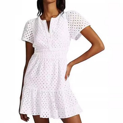 Womens Hollow Out Dress V Neck Short Sleeve Sundress A Line Mini Dress Elastic Wasit Dress Guest Dress