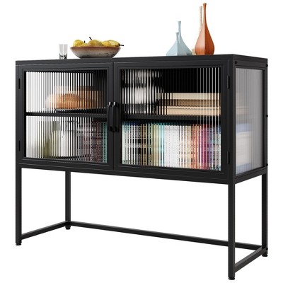 Cabinet with Clear Glass Doors,Adjustable Shelf & Metal Legs, Storage Furniture for Living Room BedroomSmall Display Cabine, Black