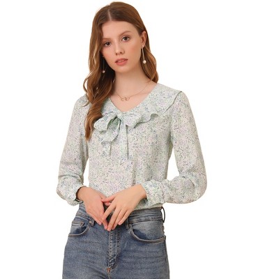 Allegra K Women's Ruffle Tie Neck Elegant Chiffon Floral Blouse