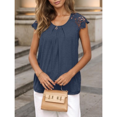 Women's Lace Top Pleated Short Sleeve Flowy Blouse Summer Loose Business Casual Dressy Shirts