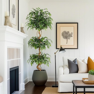 Ficus Artificial Tree with Curved Trunk，4 Feet Faux Plant Fake Silk Trees with White Pot, Faux Ficus Tree for Home Decor, Indoor Outdoor House