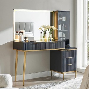 Fluted Makeup Vanity Tables with 36" HD Lighted Mirror, 48" Big Modern Vanity Desk with Glass Top & 5 Drawers & Shelves, Dressing Table - 1 of 4