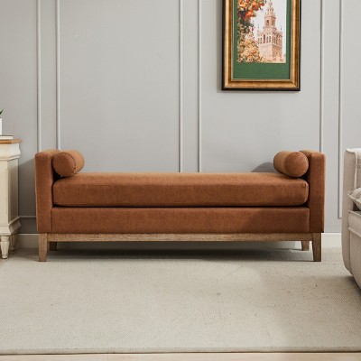 PU Upholstered Bench with 2 Bolster Pillows, Daybed Style Ottoman with Wood Legs for Bedroom or Living Room-Baofuwish