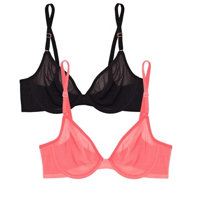 Smart & Sexy Women's Sheer Mesh Demi Underwire Bra 2-pack Punchy Peach/black  Hue 42dd : Target