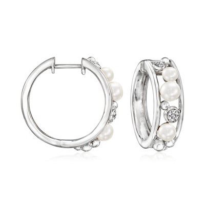 Ross-Simons 3.5-5mm Cultured Pearl Hoop Earrings With Diamonds in Sterling Silver