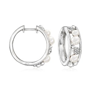 Ross-Simons 3.5-5mm Cultured Pearl Hoop Earrings With Diamonds in Sterling Silver - 1 of 3