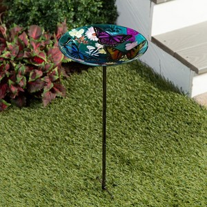 Evergreen 25"H Glass Stake Birdbath, Bountiful Butterfly- Fade and Weather Resistant Outdoor Decor for Homes, Yards and Gardens - 1 of 2