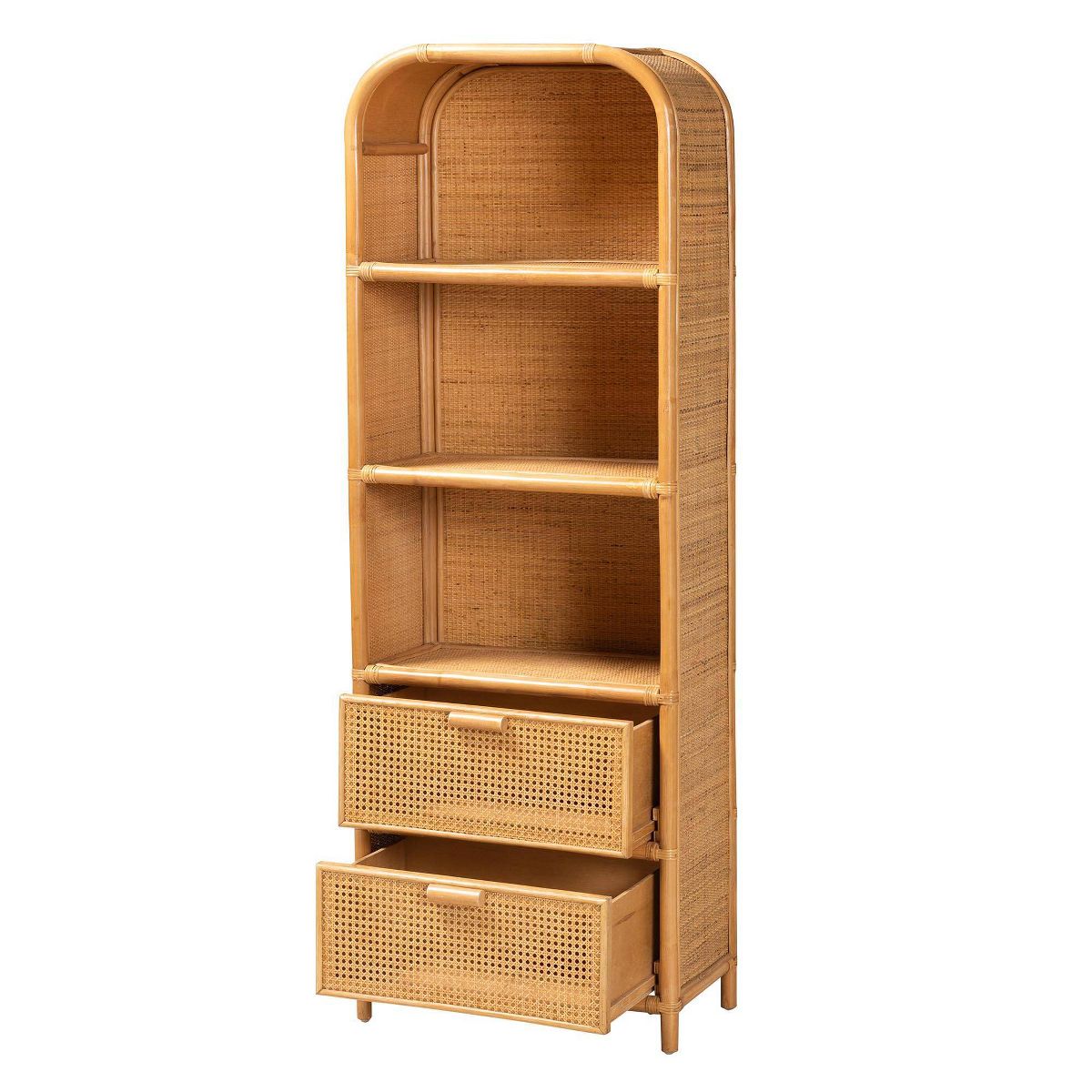 bali & pari 67.7" Curacao Rattan 2 Drawer Bookcase Light honey: Plywood Frame, 3-Tier, No Assembly Required - thumbnail 3