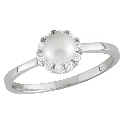 Tiara Kid's Round Cubic Zirconia and Freshwater Pearl Flower Ring in Sterling Silver (4-5mm)