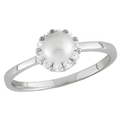 Tiara Kid's Round Cubic Zirconia and Freshwater Pearl Flower Ring in Sterling Silver (4-5mm)