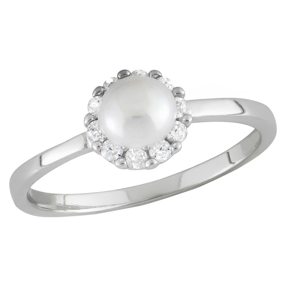 Photos - Ring Tiara Kid's Round Cubic Zirconia and Freshwater Pearl Flower  in Sterl
