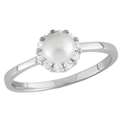 Tiara Kid's Round Cubic Zirconia and Freshwater Pearl Flower Ring in Sterling Silver (4-5mm) - image 1 of 2