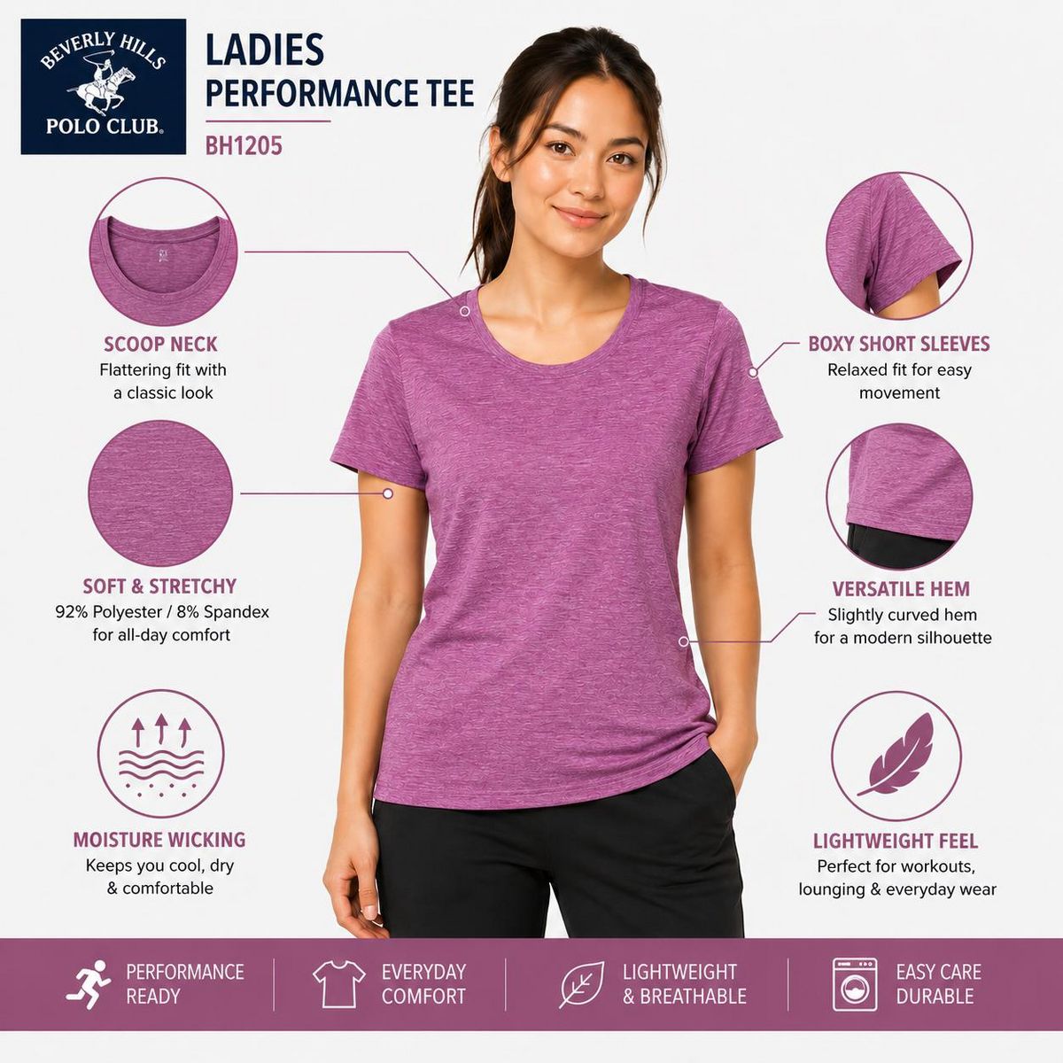 Beverly Hills Polo Club Women's 5-Pack Performance T-Shirt (S-XL) - thumbnail 5