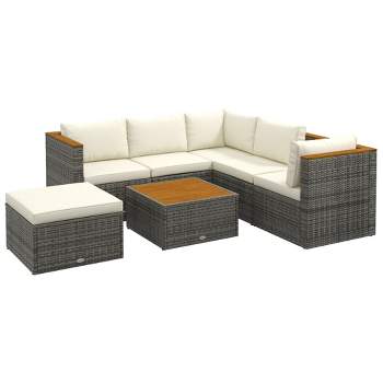 Outsunny 7 Pieces PE Rattan Wicker Patio Furniture Set with Cushion, Sectional Sofa with Adjustable Seat Panel, White