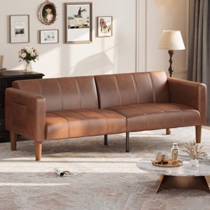 75" Futon Sofa Bed Convertible Sleeper Couch, Faux Leather Loveseat, Mid-Century Modern Small Sofa with Recliner & Twin-Size Flat Bed, Brown - 1 of 4