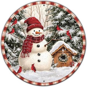 Lomsoe Round Christmas Metal Signs Vintage Snowman and Red Birds Tin Sign Metal Poster Christmas Snowman Sign Garage Wall Decor 8 * 8 in - 1 of 1
