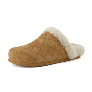 CUSHIONAIRE Cliché Genuine Suede Woven Mule Slippers for Women Indoor and Outdoor - Slip On Faux Fur Lining Women Footwear for Comfort - 1 of 4