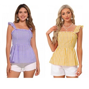 INSPIRE CHIC Women's Summer Square Neck Sleeveless Plaid Gingham Peplum Top 2 Packs - 1 of 4