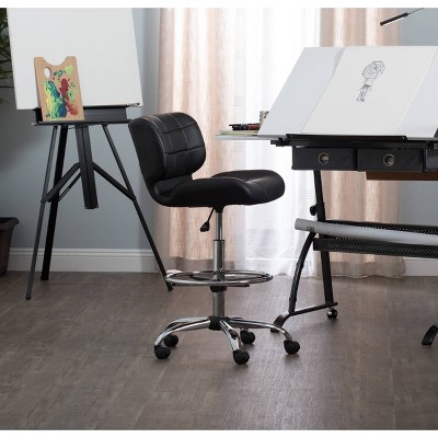 Modern Black Vinyl and Chrome Drafting Swivel Chair with Footrest