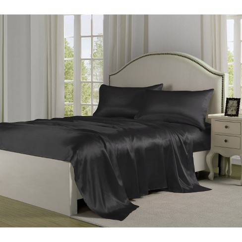 Satin Sheets King Size 4-pieces Silky Sheets Microfiber Black Bed Sheet Set  With 1 Deep Pocket Fitted Sheet