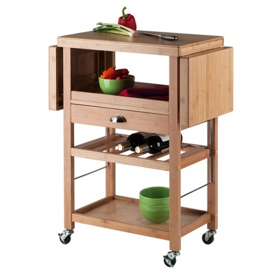 Natural Bamboo Drop Leaf Kitchen Cart with Wine Rack