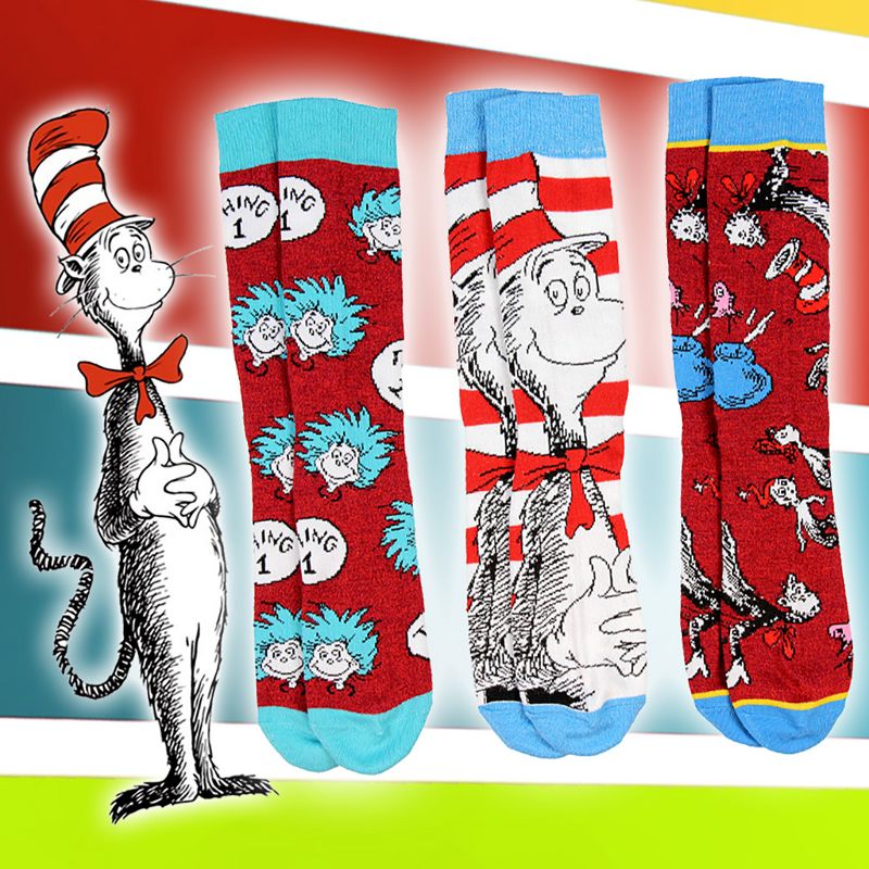 Dr. Seuss Socks Adult Cat In The Hat Thing 1 Thing 2 3 Pack Mid-Calf Crew Socks Multicoloured, 4 of 6