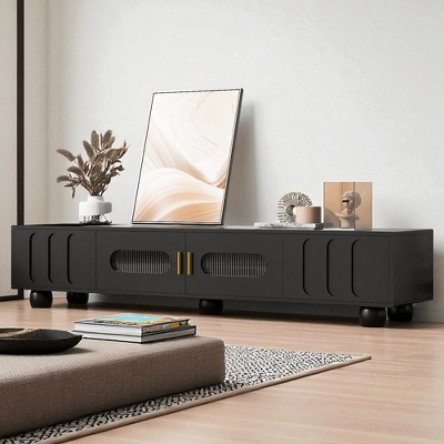 70.9" Modern TV Stand for TVs up to 80", Entertainment Center with 2 Glass Door Cabinets, 2 Drawers, Solid Wood Legs & Metal Handles for Living Room