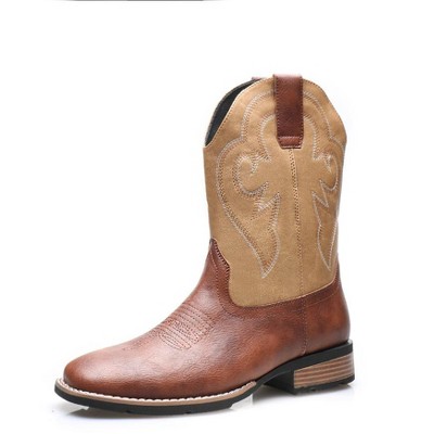 Santimon Retro Western Cowboy Boots for Men, Embroidered Dress Knight Boots with Square Toe Brown