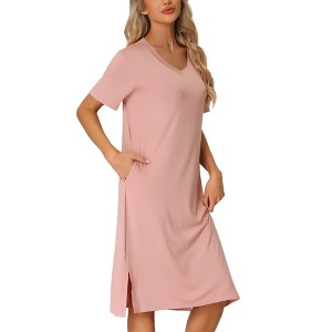 cheibear Women's Casual V-neck Short Sleeve T-shirt Dress Nightshirt Basic Midi Shirtdress - 1 of 4