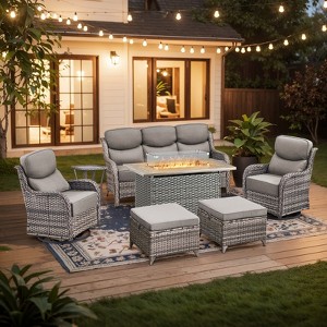 7-Piece Patio Furniture Set with Fire Pit,Wicker Patio Sofa Set Outdoor Swivel Rocking Chairs with Ottomans - 1 of 4