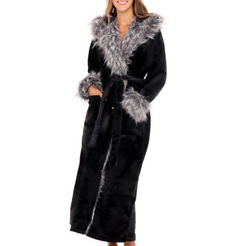 Adr Women's Winter Robe With Faux Fur Feather, Plush Fleece Hooded Bathrobe Black With Gray Wolf ...