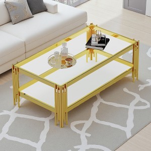 Double-Layer Glass Coffee Table with Mirror Steel Frame - 1 of 4