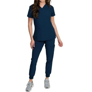 Medgear Fleur Women's Stretch Scrub Set with Zip Chest Pocket Top and Knit Rib Cuffs Jogger Pants, More Colors - 1 of 4