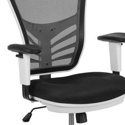 ErgoFlex Black Mesh Drafting Chair with Adjustable Arms and White Frame