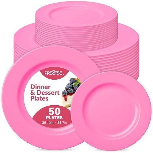 Prestee - 50-pc Pink Plastic Plates - 25 Plastic Dinner Plates + 25 ...