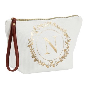 Glamlily Gold Initial N Personalized Makeup Bag for Women, Monogrammed Canvas Cosmetic Pouch (White, 10 x 3 x 6 In) - 1 of 4
