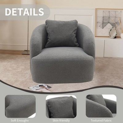 Gray Boucle Upholstered Swivel Barrel Chair with Metal Base